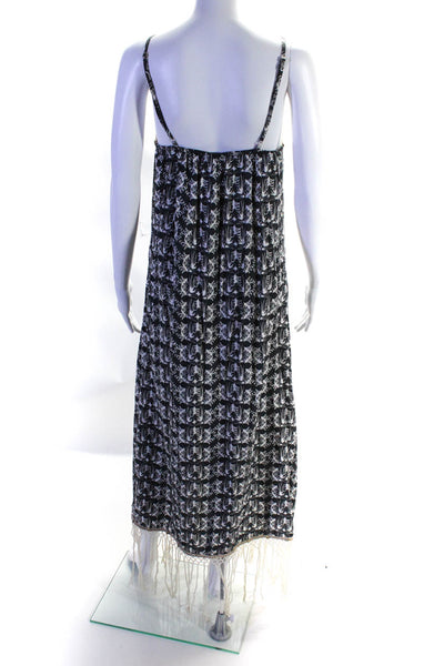 Shemo Womens Beaded Plant Print Tassel Trim Sleeveless Maxi Dress Blue Size S