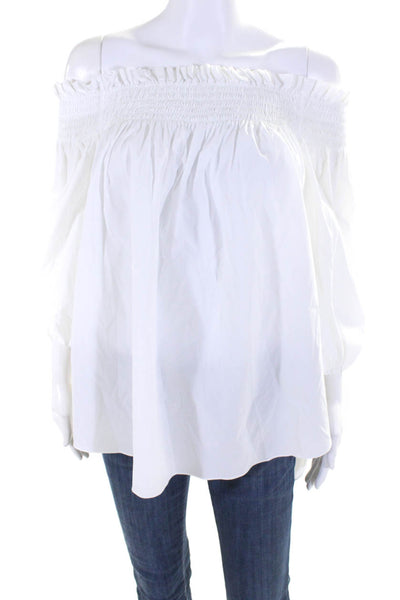 Caroline Constas Womens Cotton 3/4 Sleeve Smocked Off Shoulder Top White Size S