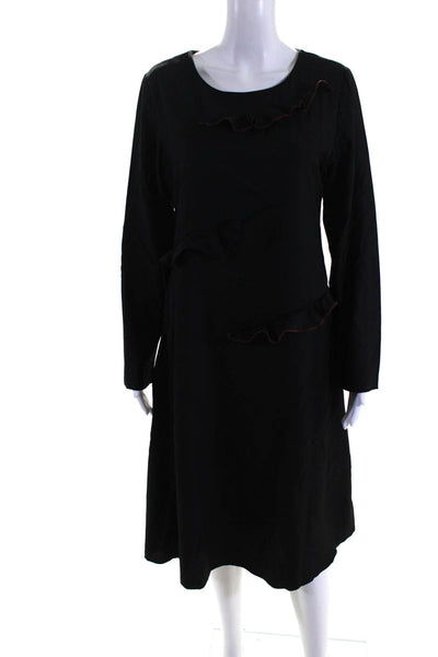 Avantlook Womens Crepe Ruffled Scoop Neck Long Sleeve A-Line Dress Black Size L