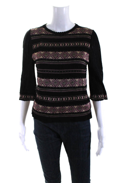 Maria Pavan Womens Knit Metallic Striped Crew Neck Sweater Top Black Size P
