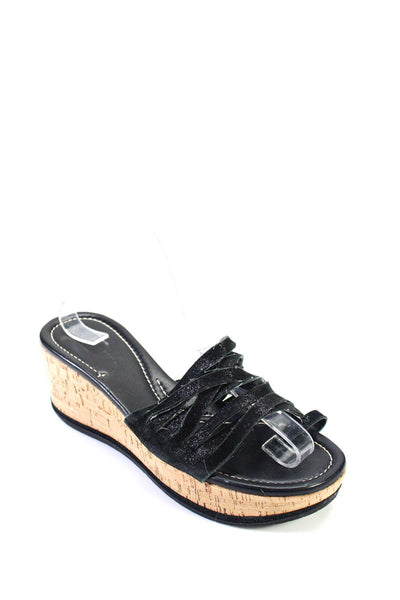 Donald J Pliner Womens Open Toe Shiny Frayed Strappy Wedge Sandals Black Size 8
