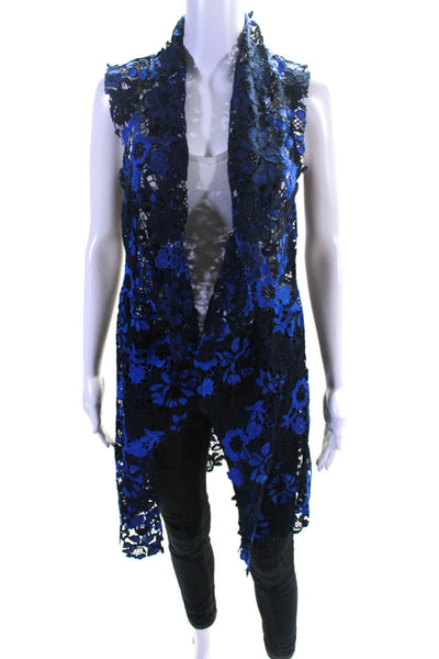 Tahari Women's Floral Lace Sleeveless Open Front Blouse Blue Size XS
