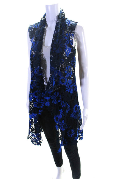 Tahari Women's Floral Lace Sleeveless Open Front Blouse Blue Size XS