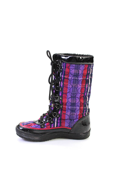 Coach Womens Plaid Logo Embroidered Lace Up Mid-Calf Boots Purple Size 6.5