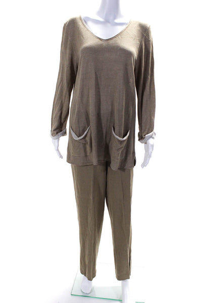 Belford Womens V Neck Long Sleeved Pullover Sweater Pants Brown Size L Lot 2