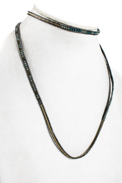Nakamol Womens Seed Bead Leather String Tied Wrap Necklace Blue Gray Gold Tone