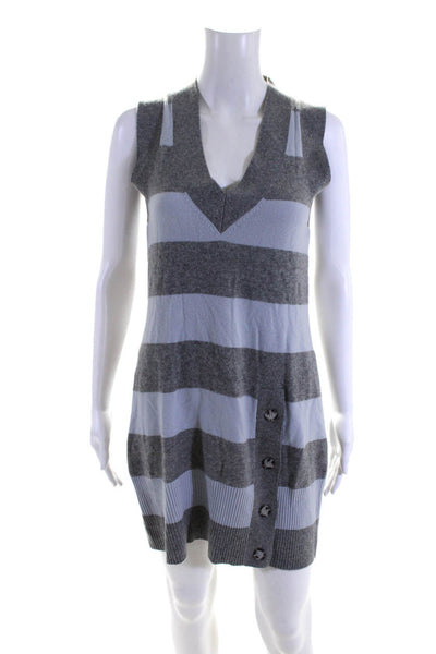 Designer Womens 100% Cashmere Striped Tank Sweater Dress Gray Blue Size M
