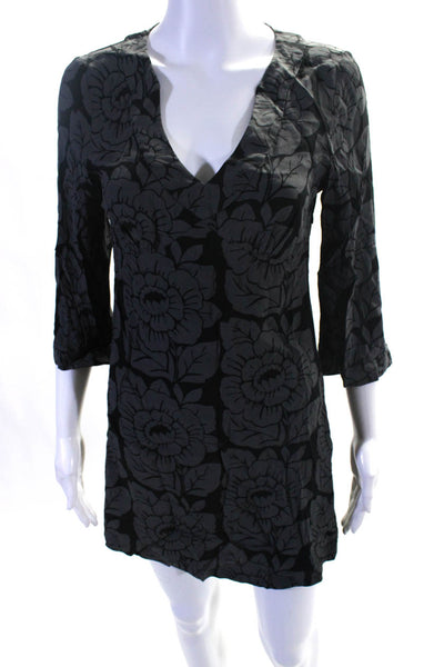 Boden Womens Side Zip 3/4 Sleeve V Neck Floral Sheath Dress Gray Black Size 8