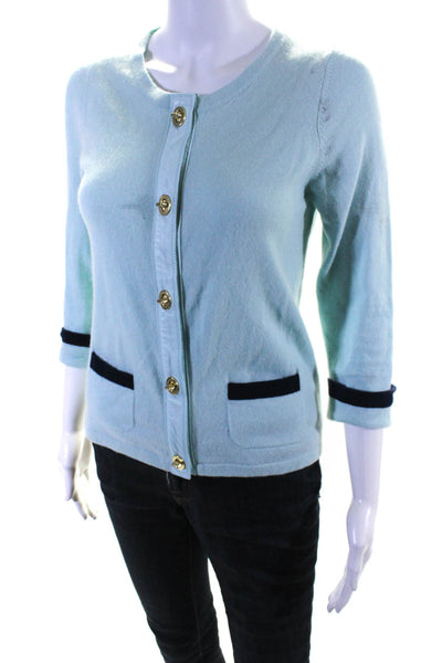 Coach Womens Leather Trim Buttoned Long Sleeved Cardigan Sweater Blue Size S