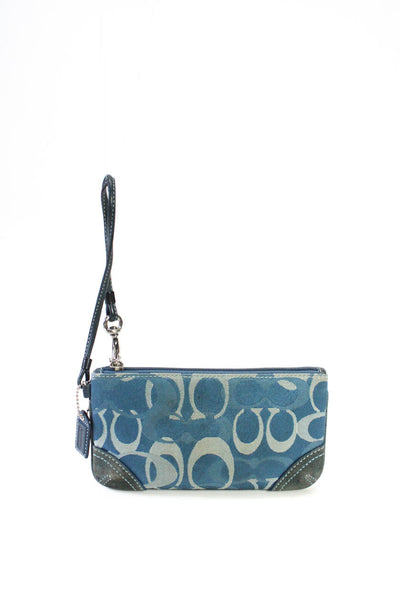 Coach Womens Zip Top Monogram Canvas Small Wristlet Handbag Blue