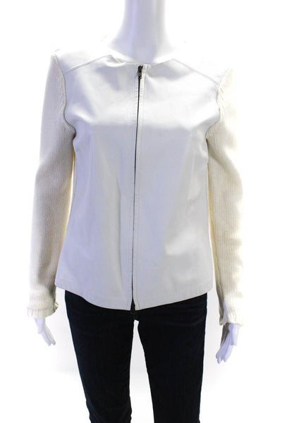 White + Warren Womens Patchwork Zip Long Sleeve Round Neck Cardigan White Size M