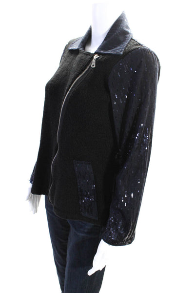 Elaris Womens Patchwork Sequined Collared Zipped Long Sleeve Jacket Black Size L
