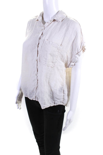 Bella Dahl Womens Linen Short Sleeve Collared Button Up Shirt Top Beige Size M