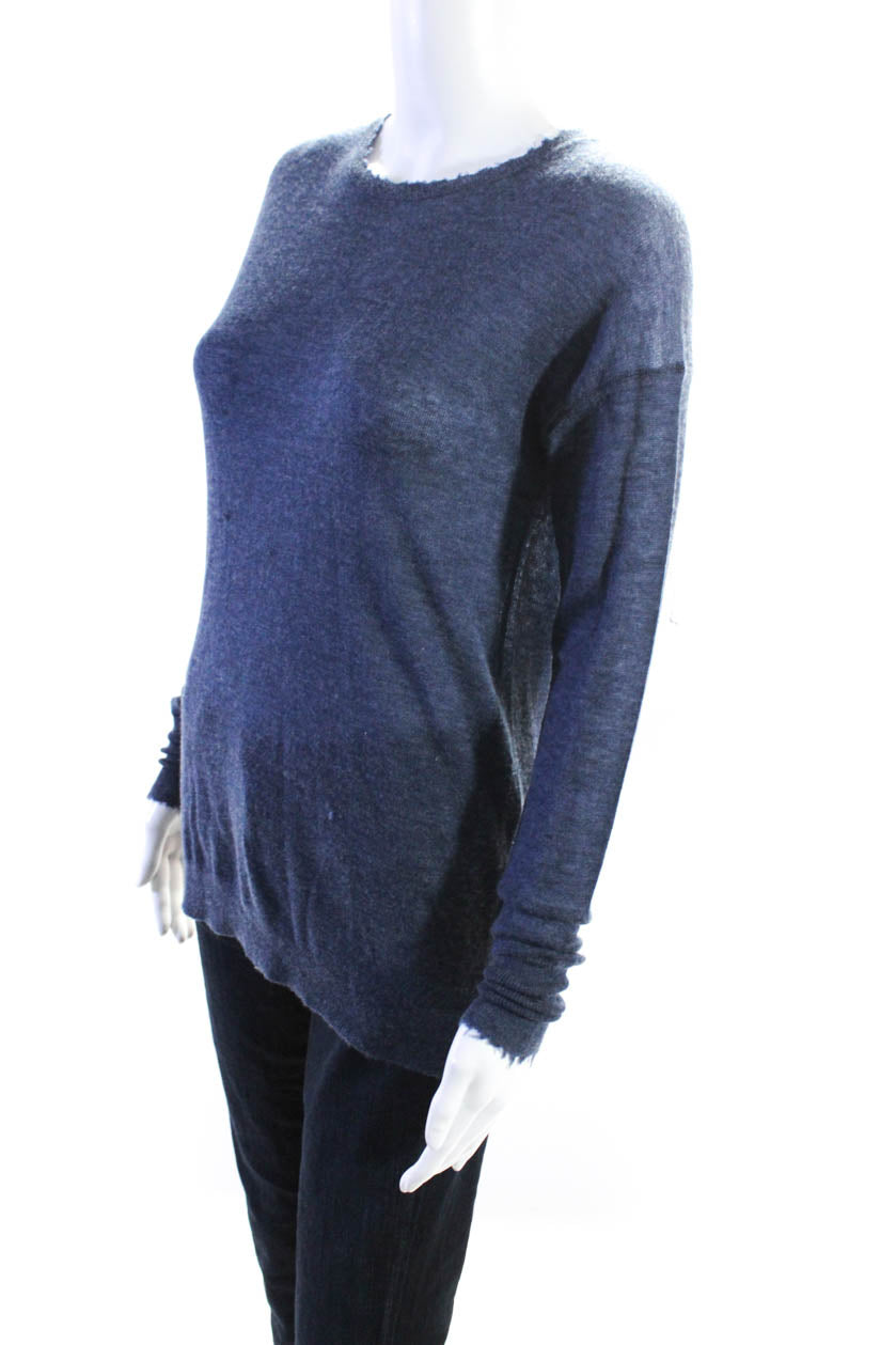 Autumn Cashmere Womens Distressed Hem Crew Neck Sweater Blue