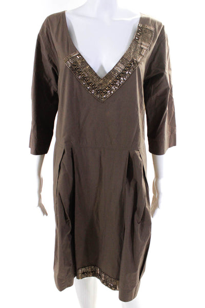 Pauw Women's Cotton Beaded Long Sleeve Pleated Shift Dress Brown Size 2