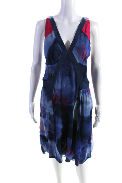 Etro Womens Back Zip Sleeveless V Neck Chiffon Printed Dress Blue Pink IT 48