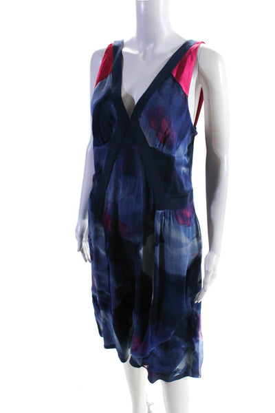 Etro Womens Back Zip Sleeveless V Neck Chiffon Printed Dress Blue Pink IT 48