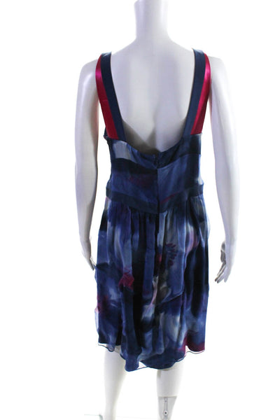 Etro Womens Back Zip Sleeveless V Neck Chiffon Printed Dress Blue Pink IT 48