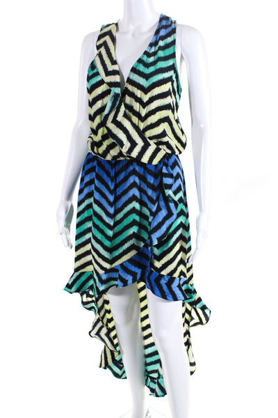 Parker Womens Silk Striped Print Ruffled Front Slit Colorblock Dress Blue Size S