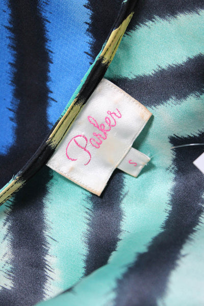 Parker Womens Silk Striped Print Ruffled Front Slit Colorblock Dress Blue Size S