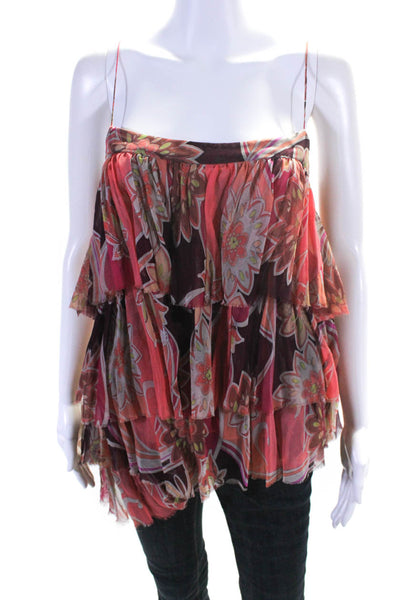 Tracy Feith Womens Silk Floral Print Ruffled Layer Sleeveless Blouse Pink Size P