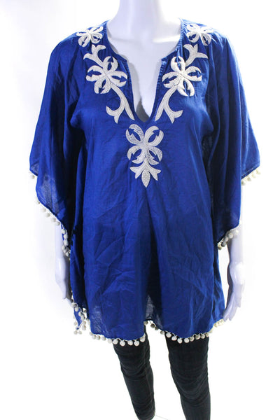 OndadeMar Womens Cotton Embroidered Abstract Pom Pom Hem Tunic Top Blue Size S