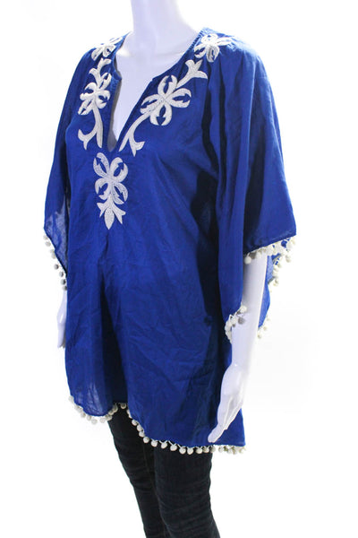 OndadeMar Womens Cotton Embroidered Abstract Pom Pom Hem Tunic Top Blue Size S