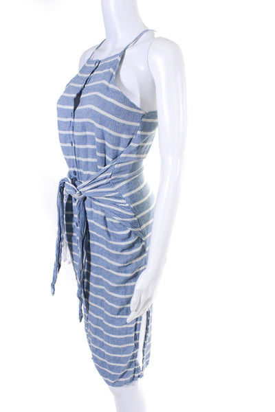J.O.A. Women's Striped Linen Halter Neck Button Down Shift Dress Blue Size M