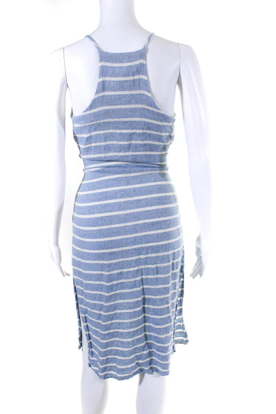 J.O.A. Women's Striped Linen Halter Neck Button Down Shift Dress Blue Size M
