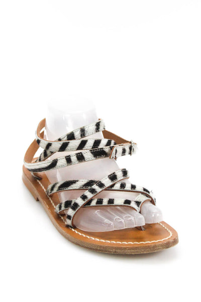Kjaques St. Tropez Womens Pony Hair Striped Strappy Sandals Flats White Size 9