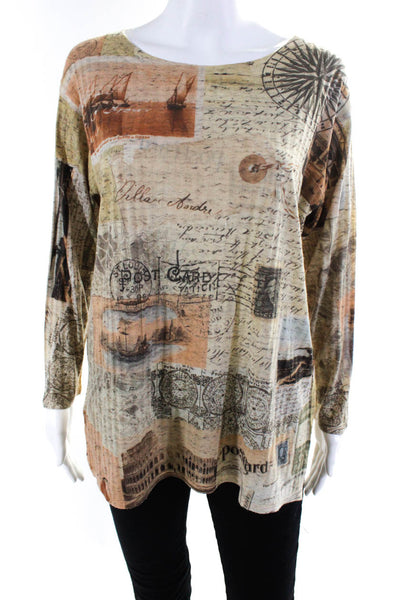 Nally & Millie Womens Vintage Stamp Graphic Print Boat Neck Top Beige Size L/XL