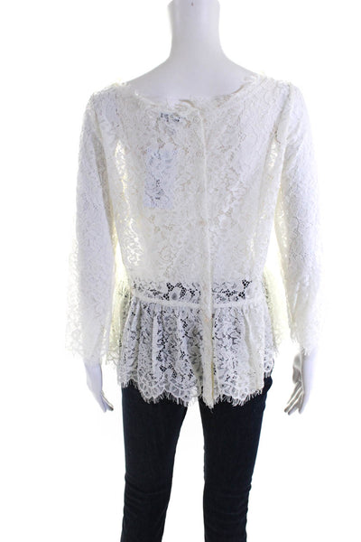 Joie Womens Floral Lace Back Buttoned Fringe Hem Long Sleeve Blouse White Size M
