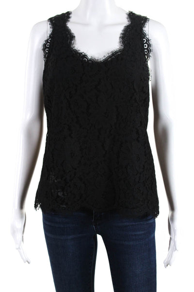 Joie Womens Floral Lace Overlay Fringe Trim Round Neck Tank Top Black Size S