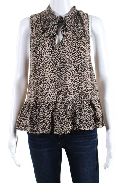 Joie Womens Silk Chiffon Leopard Print Ruffled Hem Sleeveless Top Brown Size S