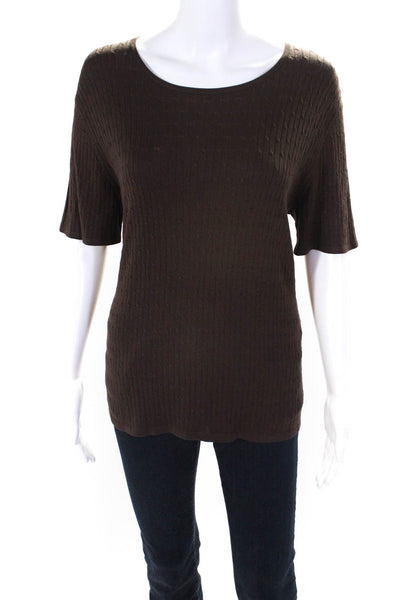 Belford Womens Silk Cable Knit Round Neck Short Sleeve Shirt Top Brown Size L