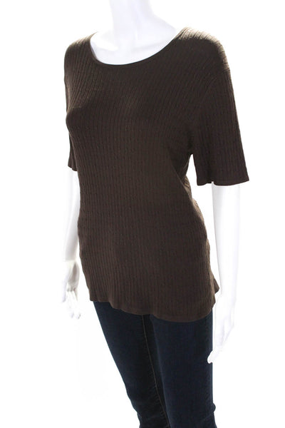 Belford Womens Silk Cable Knit Round Neck Short Sleeve Shirt Top Brown Size L