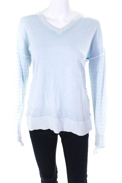 Lisa Todd Womens Cotton Knit Eyelet Detail V-Neck Pullover Top Blue Size S