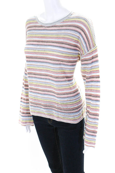 Lisa Todd Womens Striped Open Knit Round Neck Long Sleeve Top Multicolor Size S