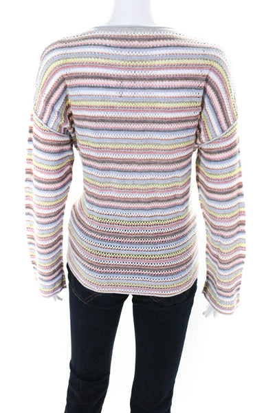 Lisa Todd Womens Striped Open Knit Round Neck Long Sleeve Top Multicolor Size S