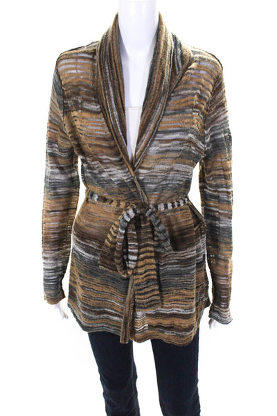Magaschoni Womens Multicolor Striped Long Sleeve Open Cardigan Top Brown Size L