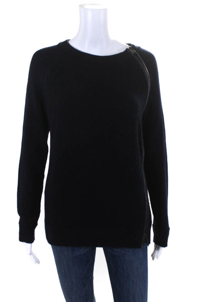 Vince Womens Wool Textured Asymmetrical Zipped Long Sleeve Sweater Navy Size S