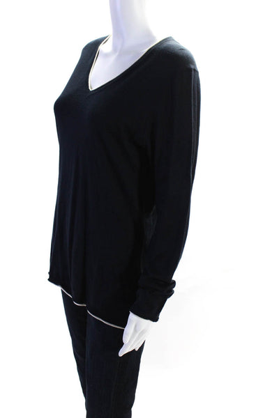 Magaschoni Womens Thin V Neck Long Sleeved Pullover Sweater Blue White Size XL