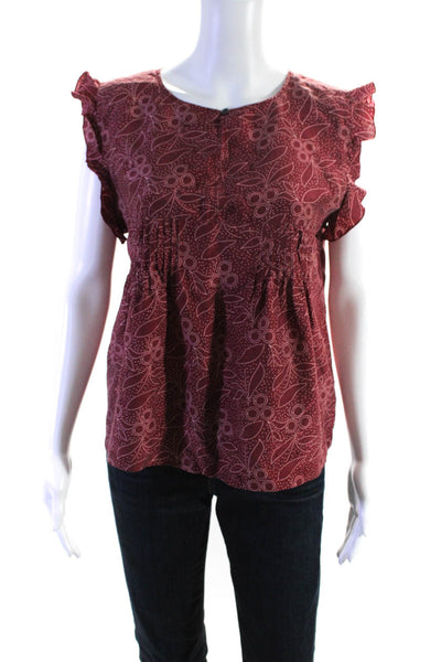 Soeur Womens Silk Crepe Spotted Pleated Ruffled Key Hole Blouse Top Red Size 36