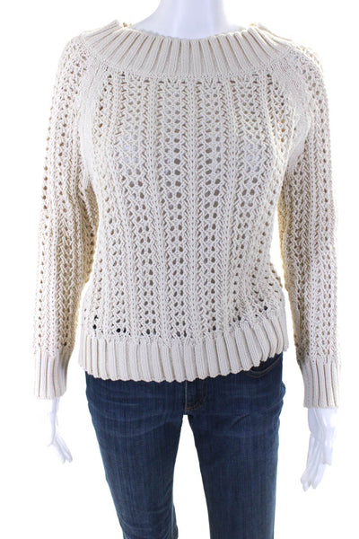 J Crew Women's Round Neck Long Sleeves Open Knit Sweater Beige Size XS