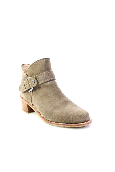 Stuart Weitzman Womens Suede Buckle Detail Round Toe Ankle Boots Taupe Size 5