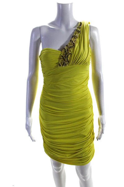 Mignon Womens Embellished One Shoulder Midi Ruched Sheath Dress Yellow Size 6