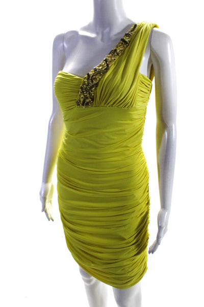 Mignon Womens Embellished One Shoulder Midi Ruched Sheath Dress Yellow Size 6