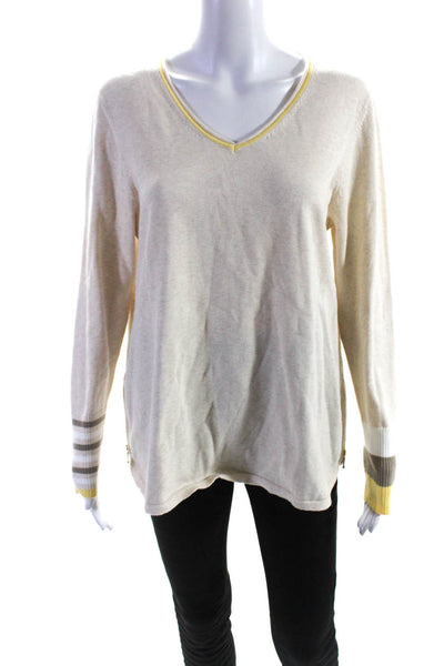 Belford Womens Cotton Striped Ribbed V-Neck Long Sleeve Sweater Yellow Size L