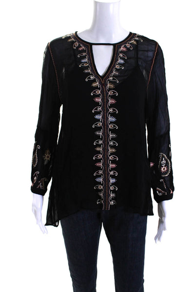 Love Sam Womens Embroidered Abstract V-Neck Long Sleeve Blouse Black Size S