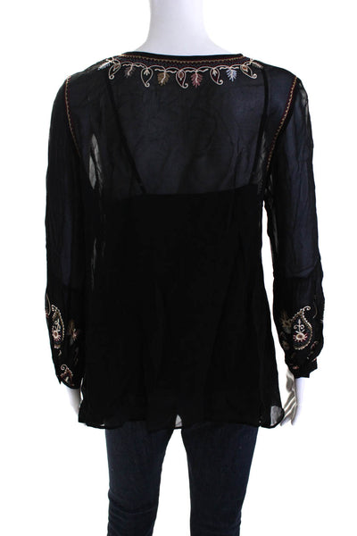 Love Sam Womens Embroidered Abstract V-Neck Long Sleeve Blouse Black Size S